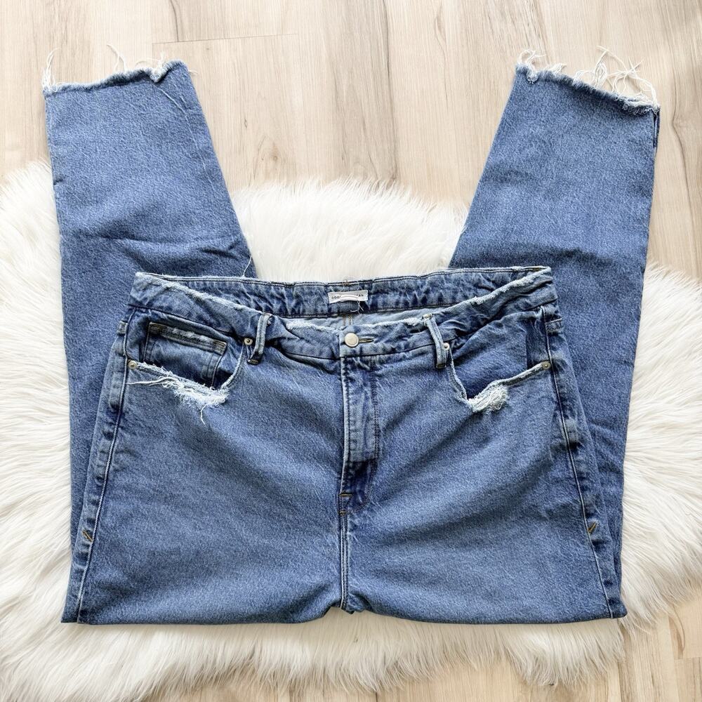 Good American Straight Leg Jeans Indigo Distressed Ends Size 16
